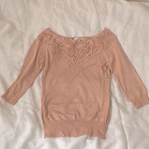 Pink scoop neck off the shoulder sweater with lace detail